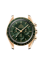 Profilo laterale della cassa in oro Moonshine™ 18 carati con vetro zaffiro bombato antiriflesso e lunetta nera anodizzata con scala tachimetrica “Dot over 90”.